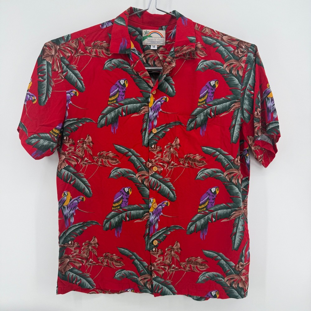 Paradise Found Hawaiian Shirt Men M Red Tropical Parrot Rayon Button Up Aloha
